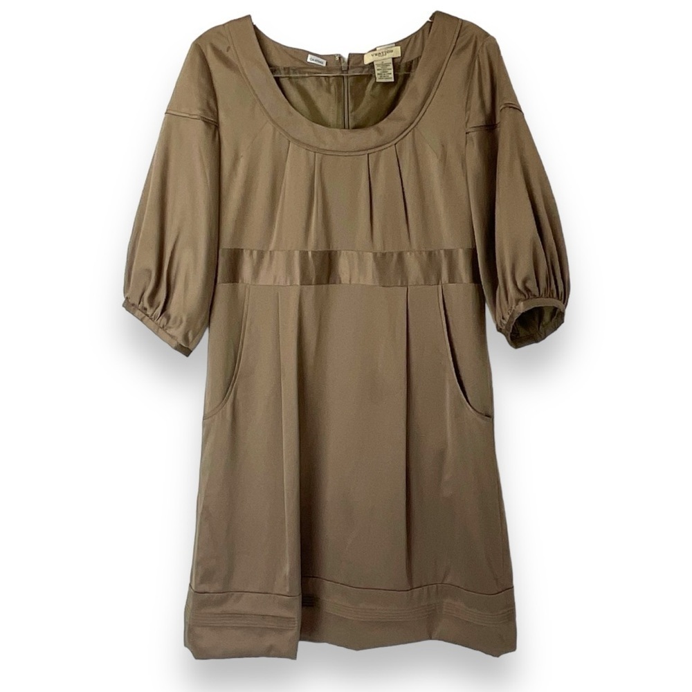 Vertigo Paris Dress Taupe‎ Satin Neutral Midi Baby Doll Tan Brown Size Medium